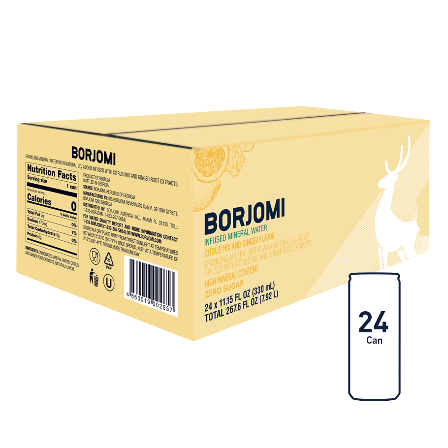 Borjomi Sparkling Mineral Water, 11.15 Fl. Oz. Cans Citrus &amp; Ginger Flavored Canned Water (24-Pack)