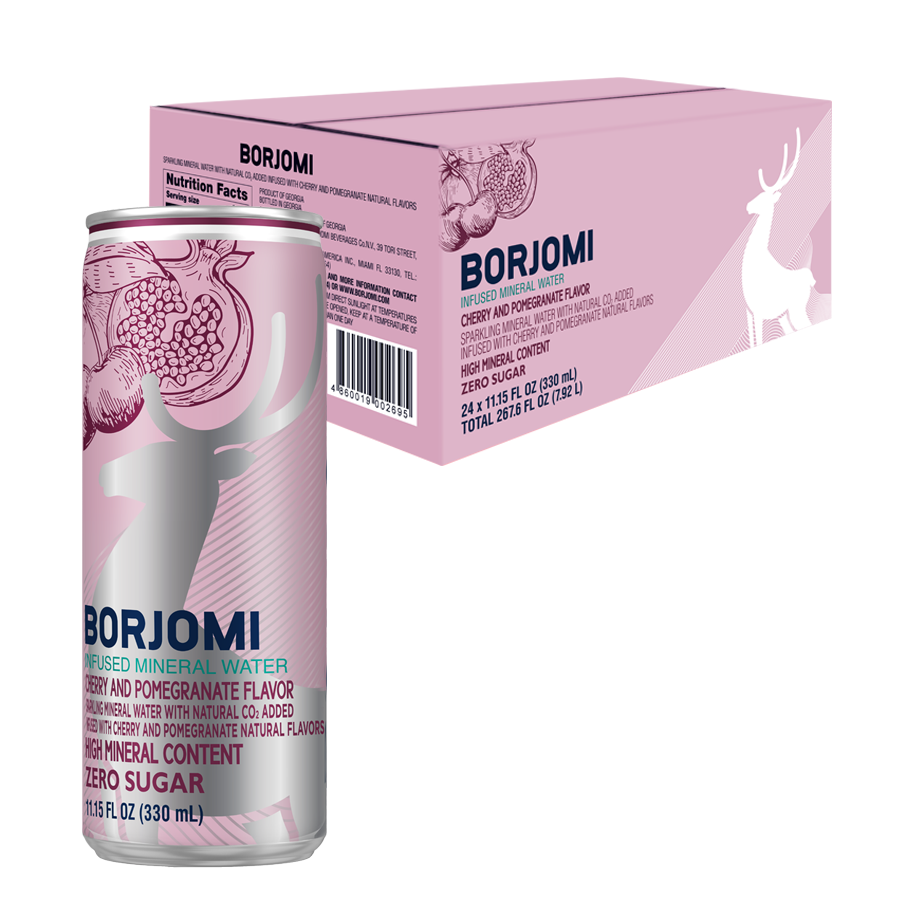 Borjomi Sparkling Mineral Water, 11.15 Fl. Oz. Cans Cherry &amp; Pomegranate Flavor Canned Water (24-Pack)