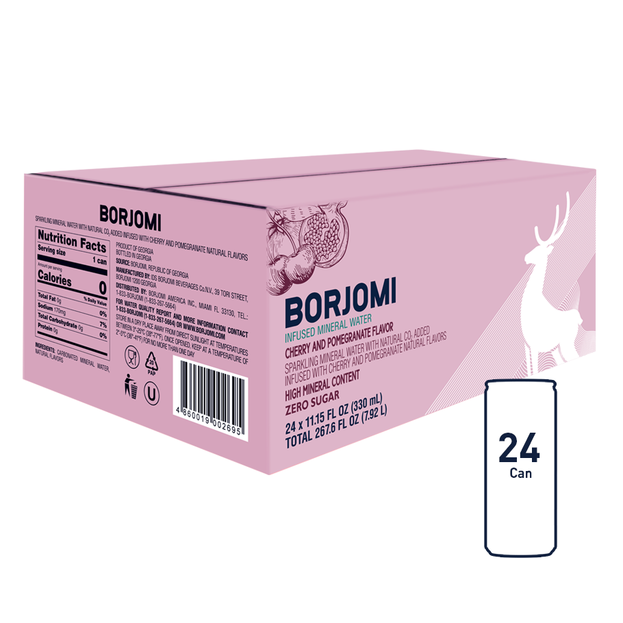Borjomi Sparkling Mineral Water, 11.15 Fl. Oz. Cans Cherry &amp; Pomegranate Flavor Canned Water (24-Pack)