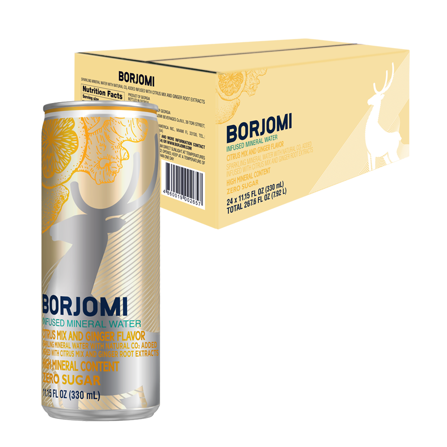 Borjomi Sparkling Mineral Water, 11.15 Fl. Oz. Cans Citrus &amp; Ginger Flavored Canned Water (24-Pack)