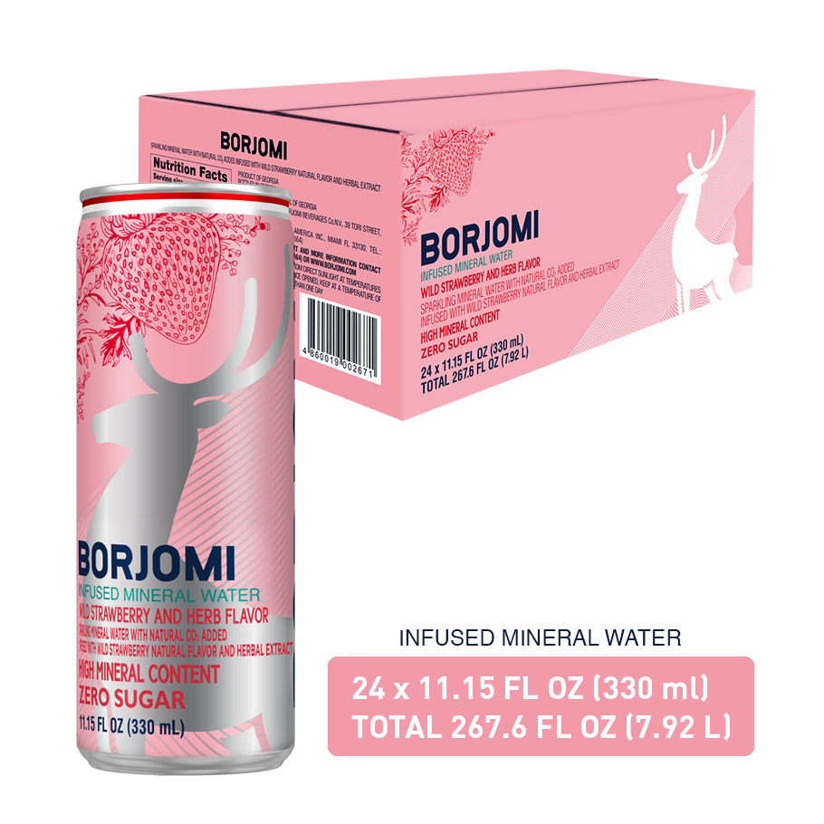 Borjomi Sparkling Mineral Water, 11.15 Fl. Oz. Cans Strawberry &amp; Herbs Flavored Canned Water (24-Pack)