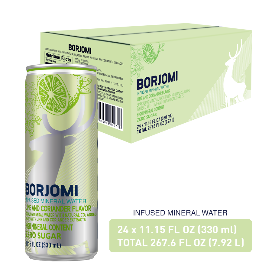 Borjomi Sparkling Mineral Water, 11.15 Fl. Oz. Cans Lime &amp; Coriander Flavored Canned Water (24-Pack)