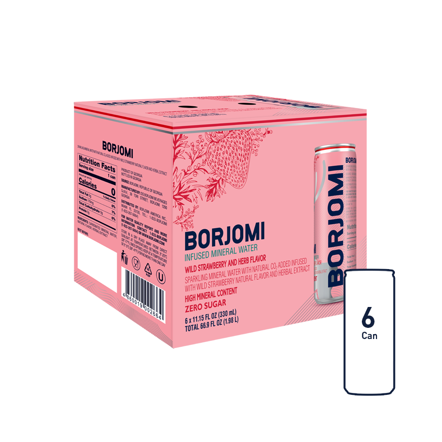 Borjomi Sparkling Mineral Water, 11.15 Fl. Oz. Cans Strawberry &amp; Herbs Flavored Canned Water (24-Pack)